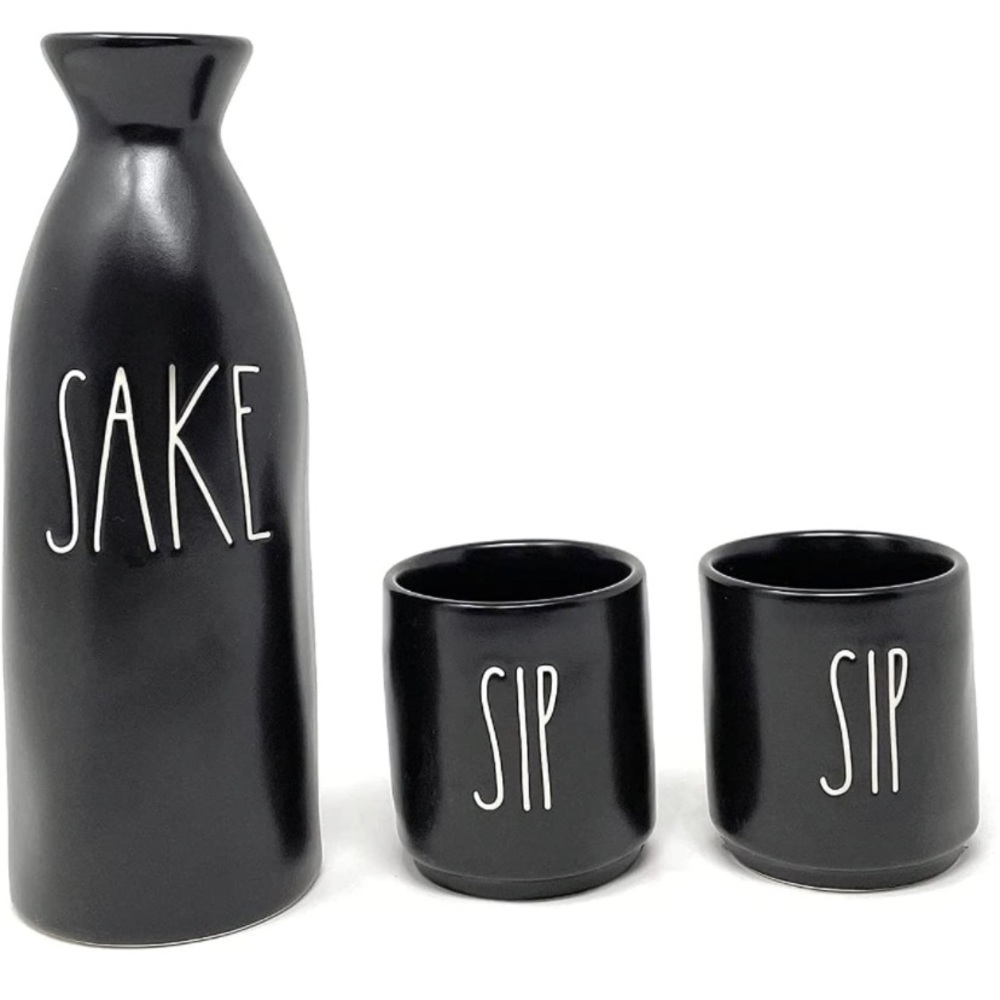 Rae Dunn SAKE Pitcher SIP Cups Matte Black Ceramic Set